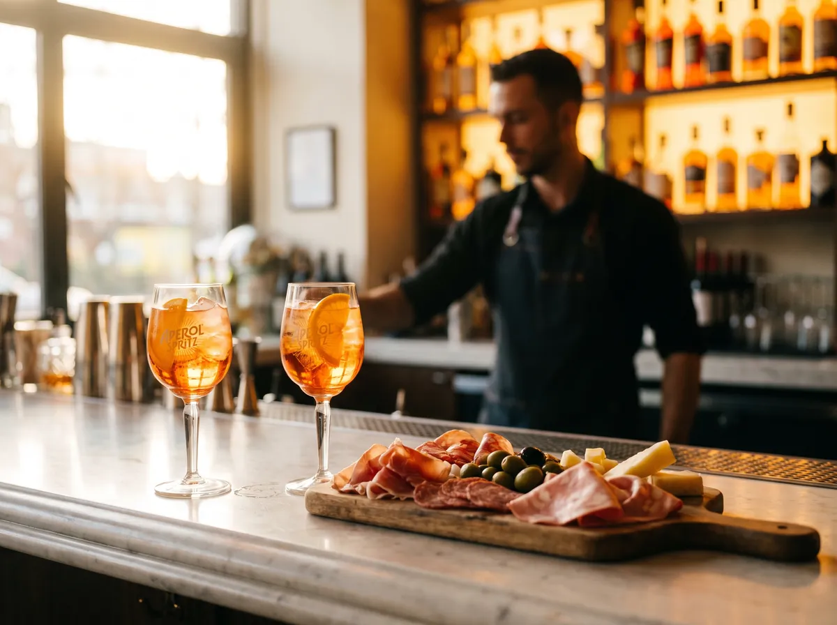Aperol Spritz cocktails and a charcuterie board at happy hour in the Gaslamp Quarter Aperol Spritz cocktails and a charcuterie board at happy hour in the Gaslamp Quarter