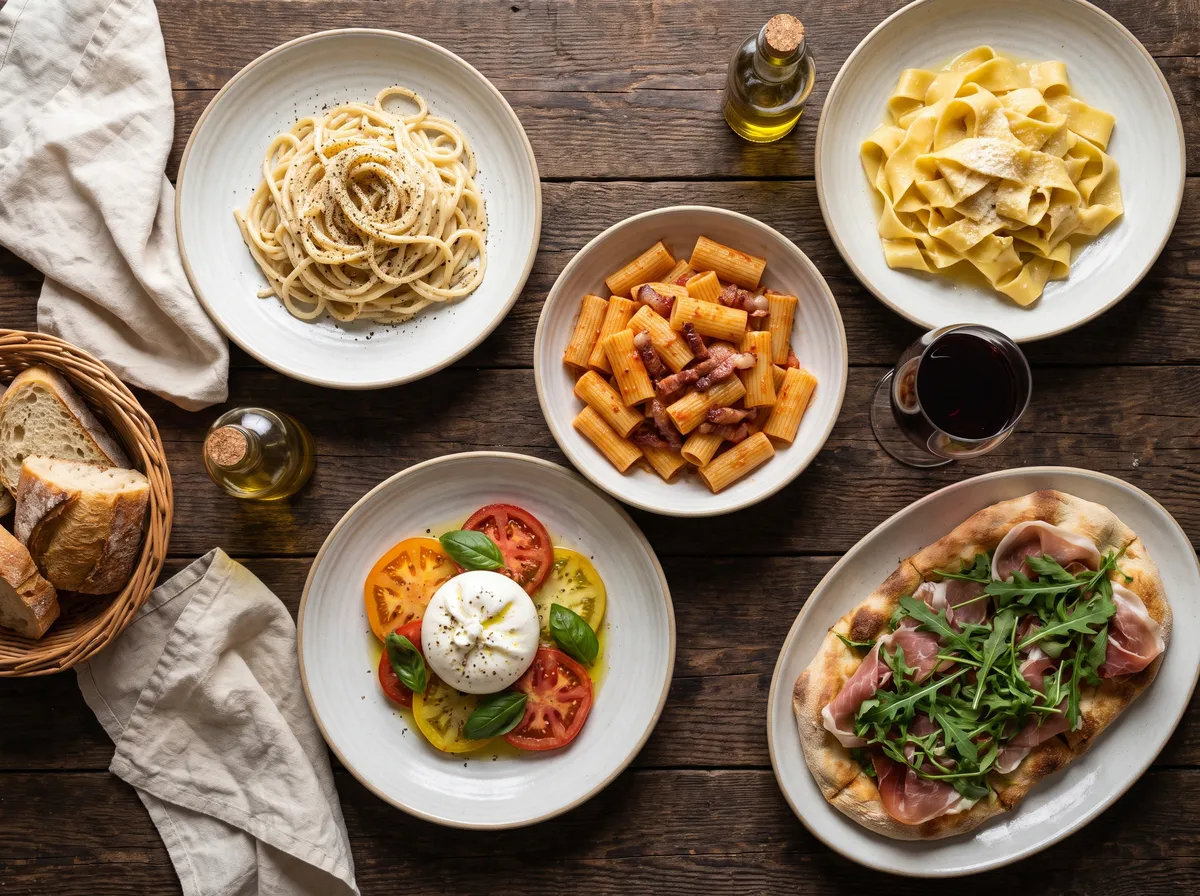 Handmade Roman pasta dishes including cacio e pepe, rigatoni amatriciana, pappardelle, burrata and pinza Handmade Roman pasta dishes including cacio e pepe, rigatoni amatriciana, pappardelle, burrata and pinza