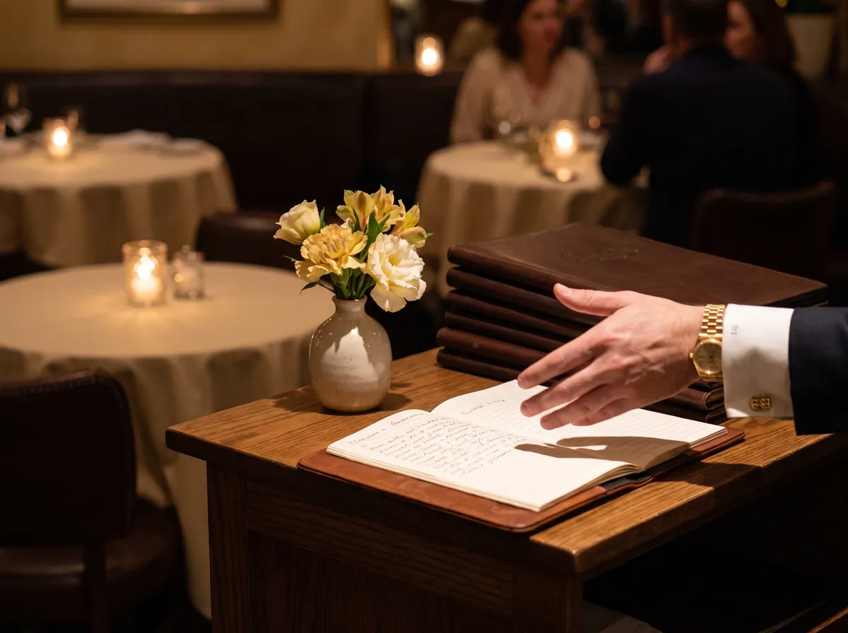 Host stand with menus and reservation book at an Italian restaurant in San Diego Host stand with menus and reservation book at an Italian restaurant in San Diego