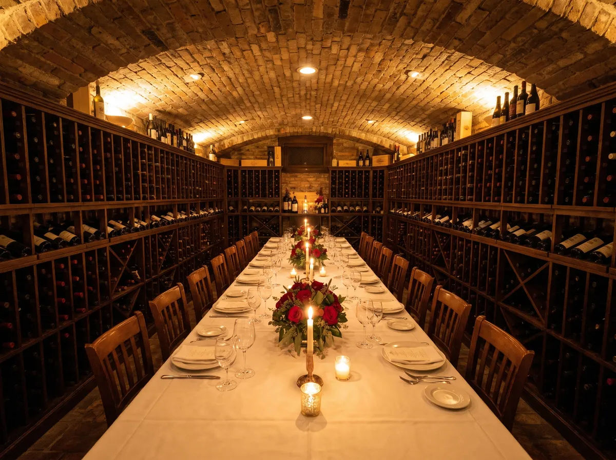 Candlelit wine cellar private dining table set for a group dinner in downtown San Diego Candlelit wine cellar private dining table set for a group dinner in downtown San Diego